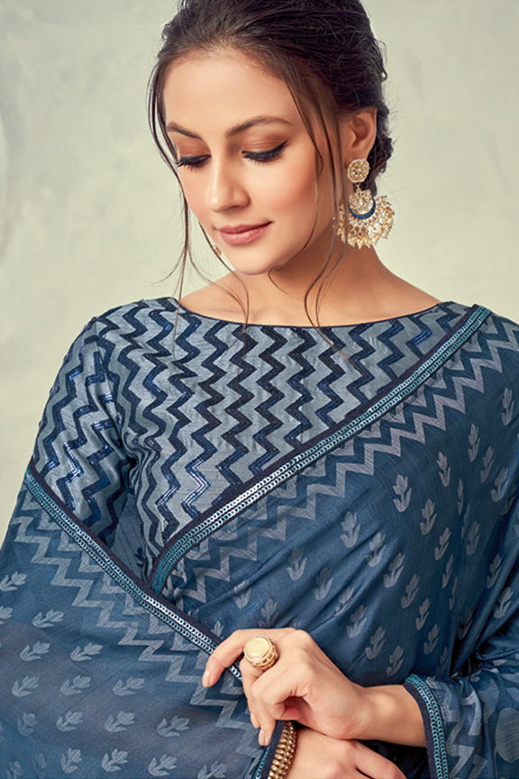 Blue Brasso Silk Sequence Embroidered Saree with Unstitched Blouse