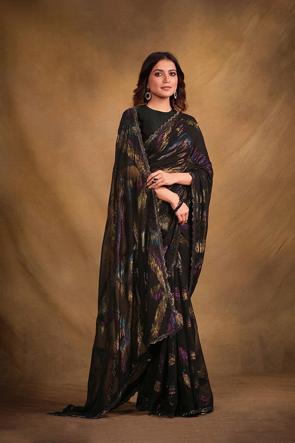 Black Jari Jacquard Print Saree with Unstitched Blouse