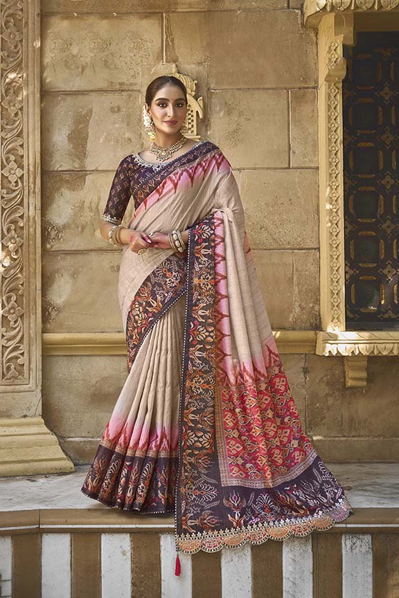 Beige Bhagalpuri Silk Pure Gota Work Saree with Unstitched Blouse