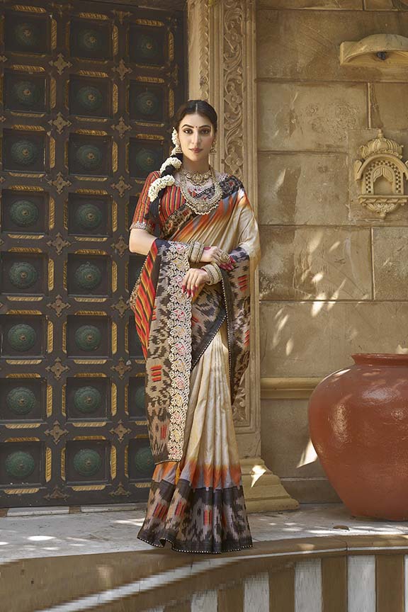 Beige Bhagalpuri Silk Pure Gota Work Saree with Unstitched Blouse