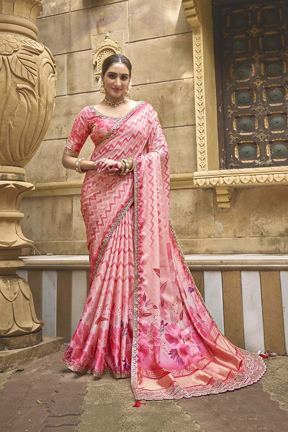 Pink Gajji Silk Moti Work Saree with Unstitched Blouse