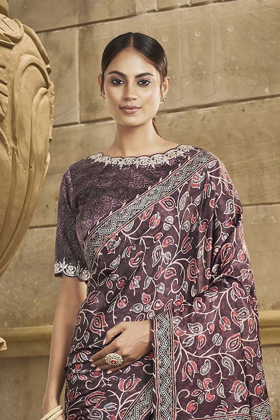 Maroon Gajji Silk Handwork Saree with Unstitched Blouse