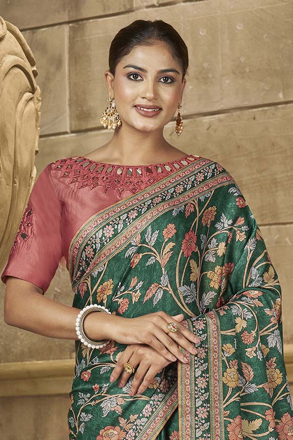 Green Gajji Silk Hand Mirror work Saree with Unstitched Blouse