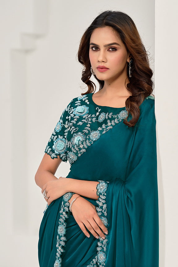 Teal Crepe Satin Silk Sequence & Applique Saree with Unstitched Blouse Piece