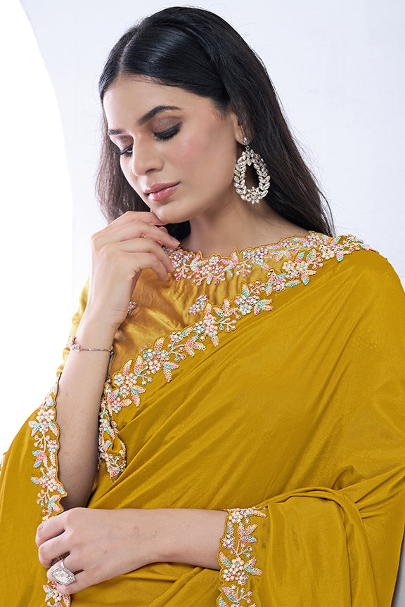 Mustard Pure Crepe Silk Moti with hand work Saree