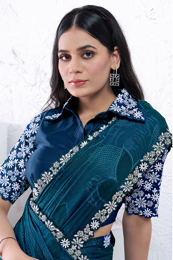 Teal Pattern Georgette Sequence with hand work Saree