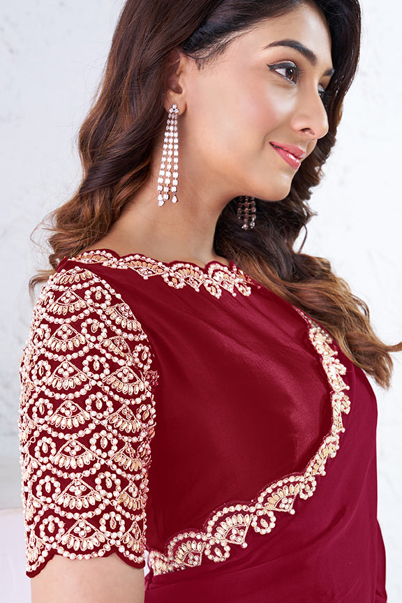 Red Pure Crepe Silk Moti with hand work Saree