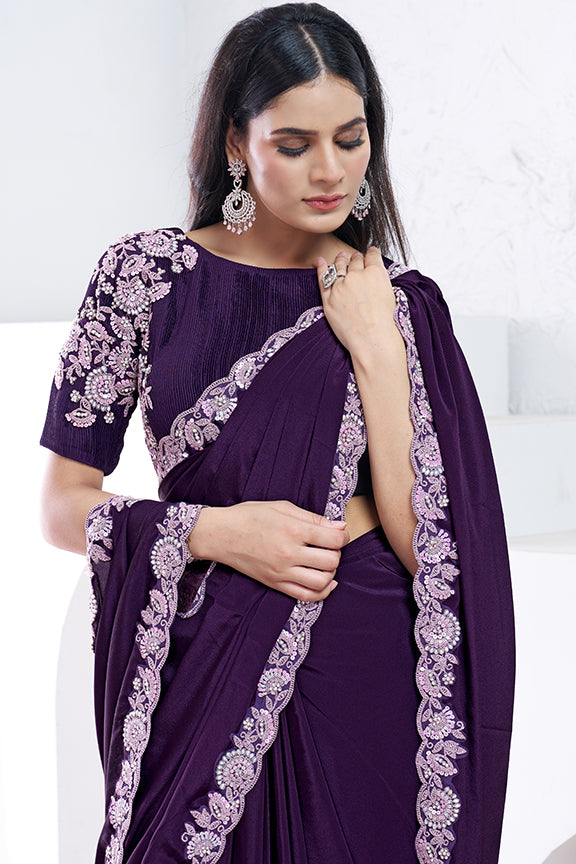Purple Pure Crepe Silk Dual Sequence with Moti work Saree