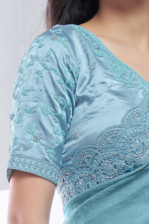 Aqua Blue Crush Pure Silk Diamond with hand work Saree