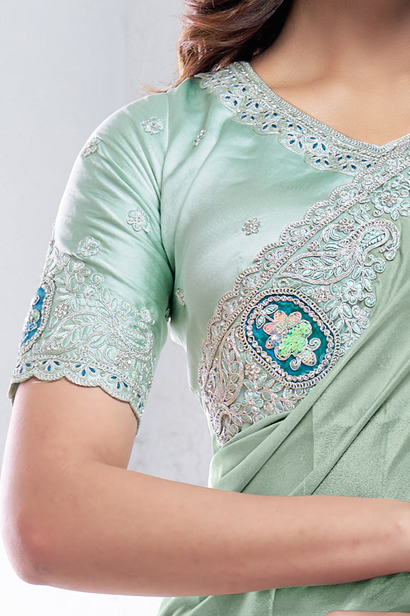 Sea Green Pure Crepe Silk Dual Sequence with Applic work Saree