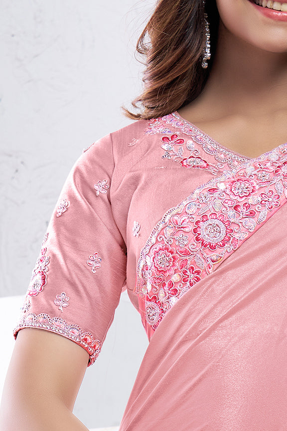 Light Pink Pure Crepe Silk Sequence with hand work Saree