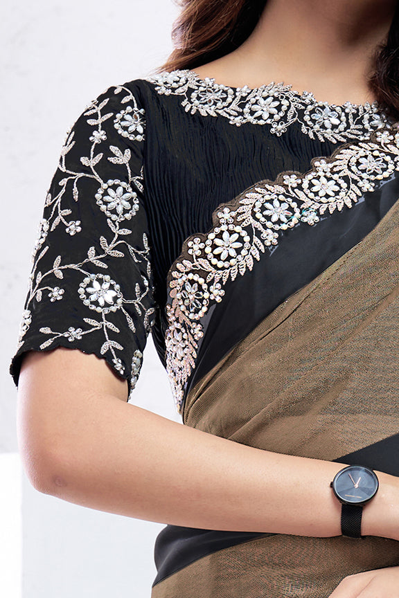 Dark Brown Pattern Georgette Moti with real mirror work Saree