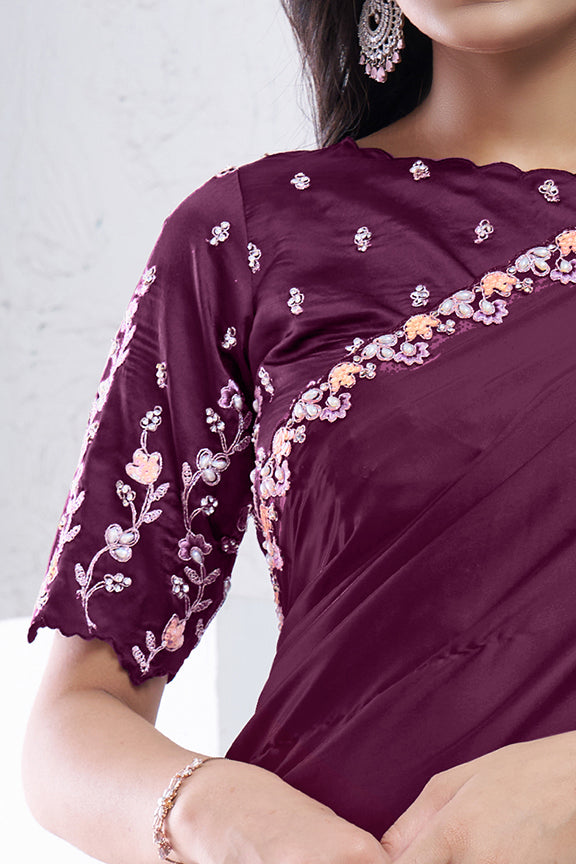 Wine Crepe Satin Silk Dual Sequence with moti work Saree