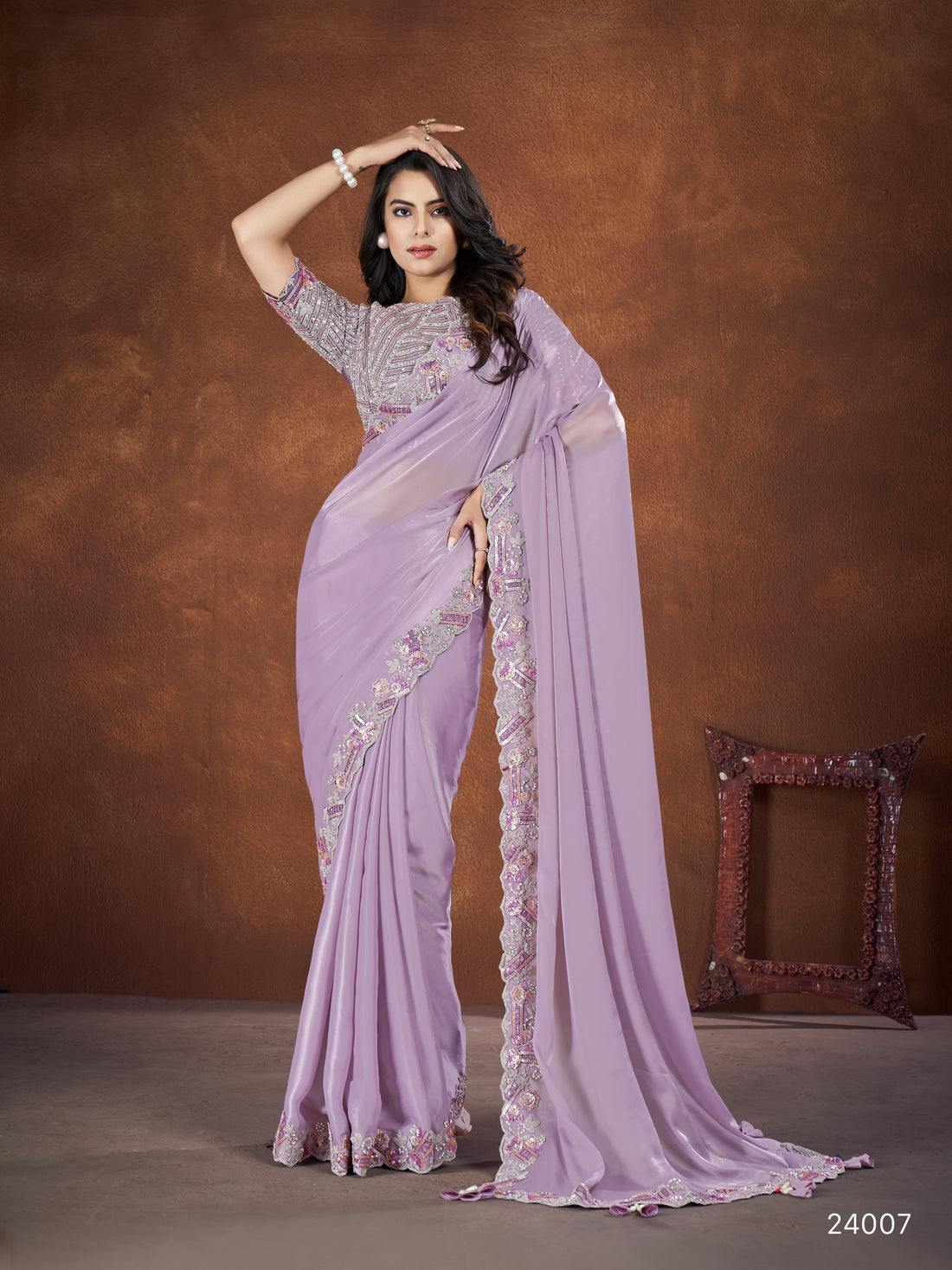 Lavendar Crepe Satin Silk Embroidered Saree with stitched Blouse