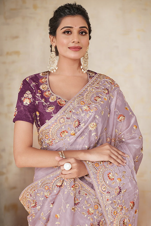 Purple Satin Silk Embroidered Saree With Unstitched Blouse