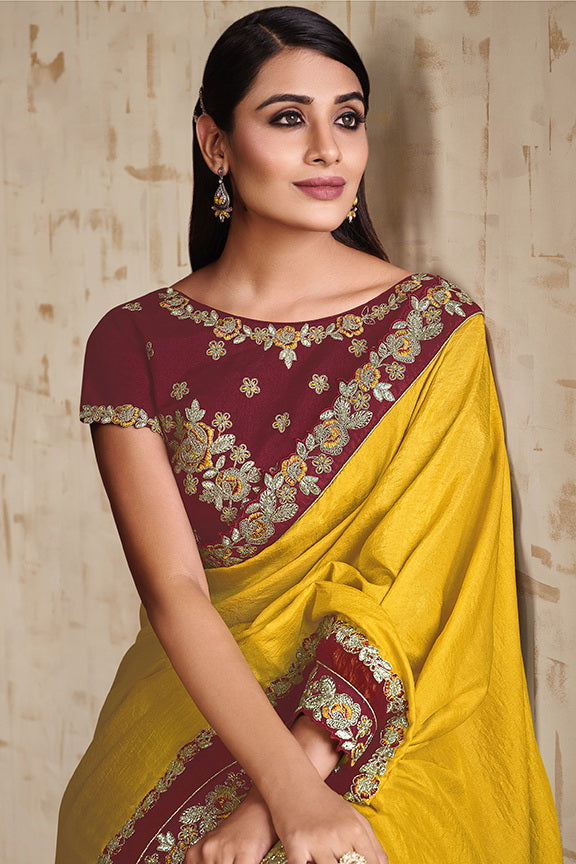 Yellow Tusser Silk Embroidered Saree With Unstitched Blouse