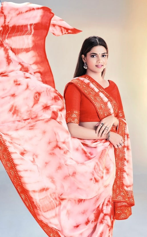 Red Silk Crepe Embroidered Saree