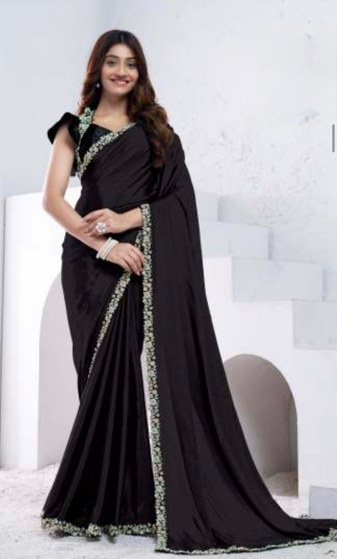 Black Pure Crepe Silk Diamond with hand work Saree