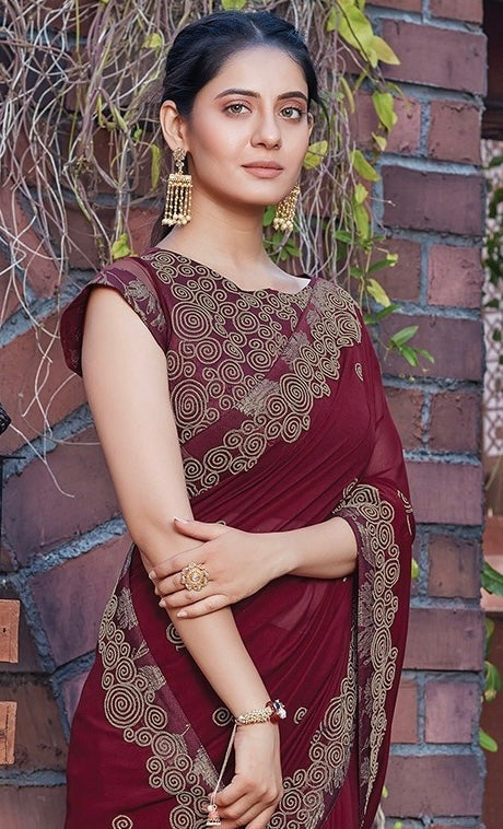 Maroon Silk Georgette Cord Embroidery Saree with Unstitched Blouse