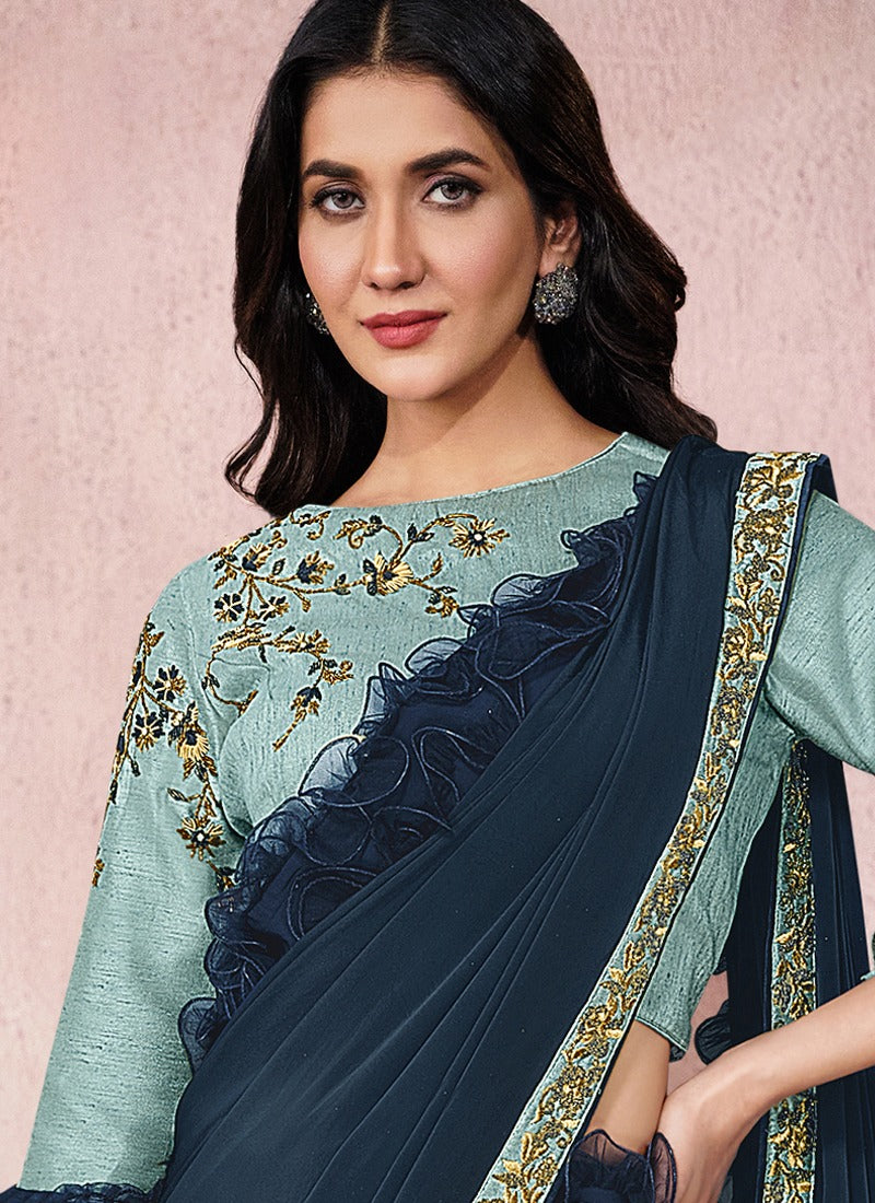 Blue Chiffon Lycra Embroidered Ready to wear Saree with Stitched Blouse