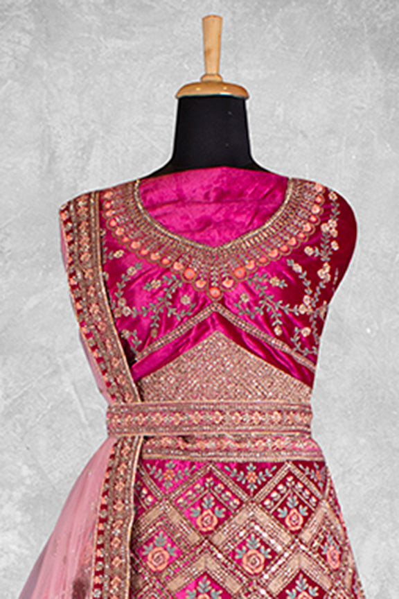 Pink Velvet Pure Mirror Work Semi Stitched Lehenga Choli with Dupatta