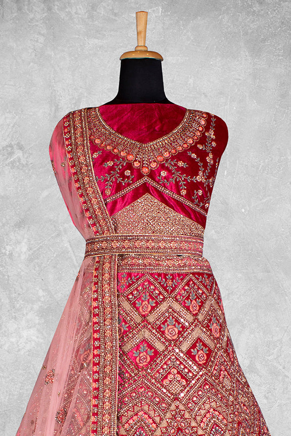 Red Velvet Pure Mirror Work Semi Stitched Lehenga Choli with Dupatta