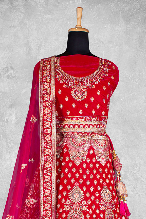 Red Velvet Hand Work Semi Stitched Lehenga Choli with Dupatta