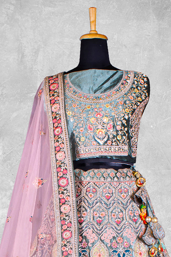 Blue & Pink Velvet Hand Work Semi Stitched Lehenga Choli with Dupatta