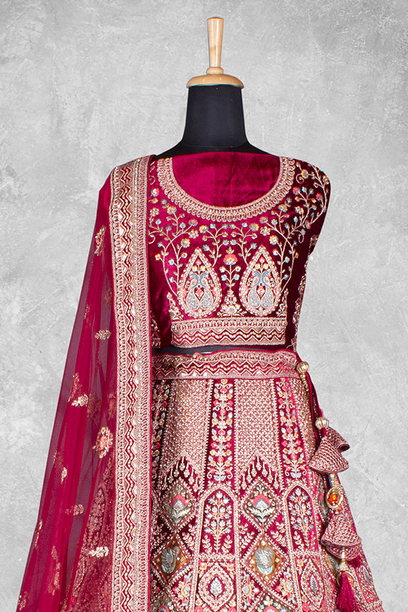 Dark Red Velvet Pure Mirror Work Semi Stitched Lehenga Choli with Dupatta