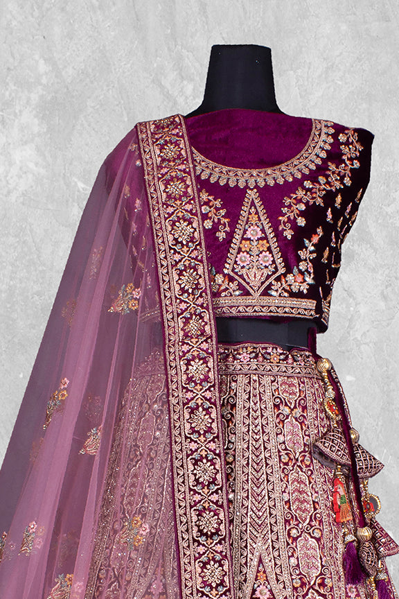 Purple Velvet Thread with Hand Work Semi Stitched Lehenga Choli with Dupatta