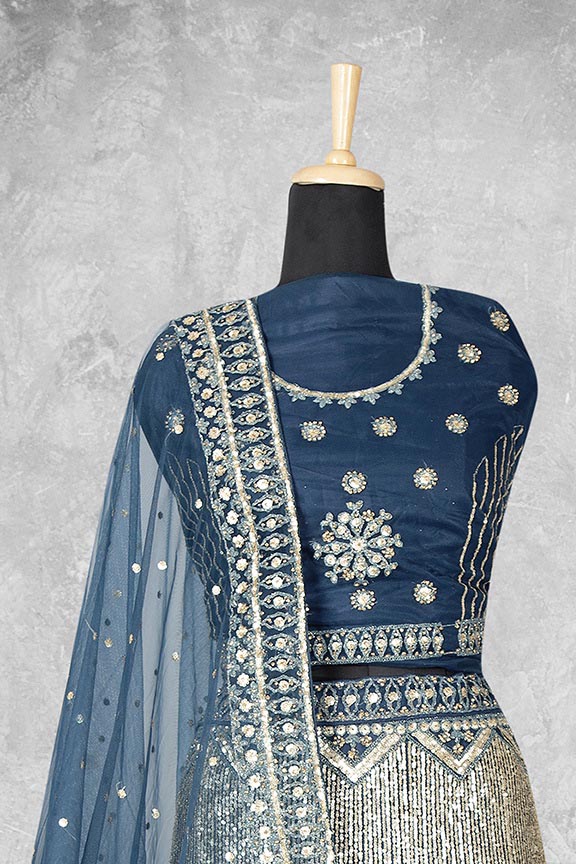 Teal Net Embroidered Semi Stitched Lehenga Choli with Dupatta