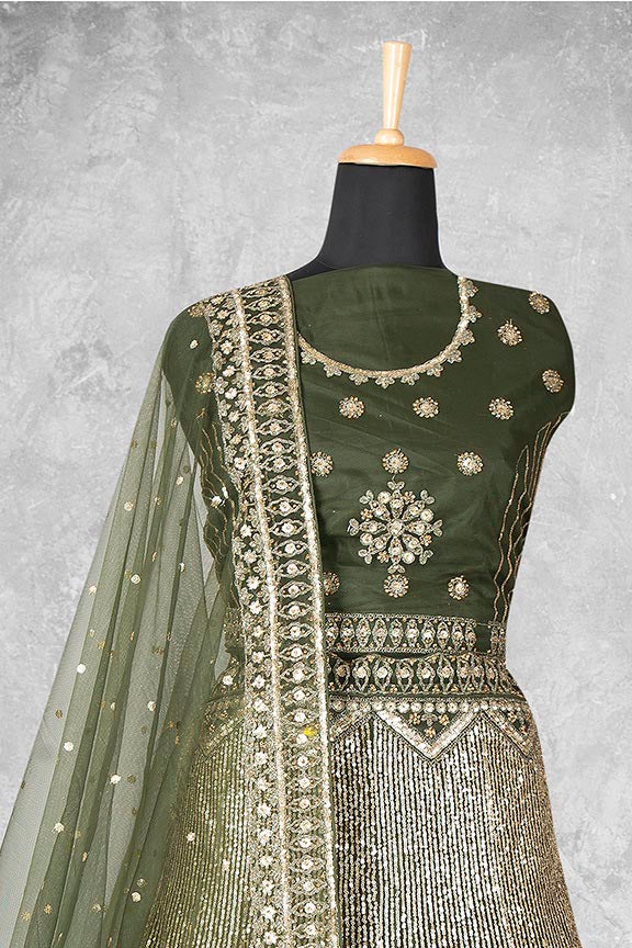 Dark Green Net Embroidered Semi Stitched Lehenga Choli with Dupatta