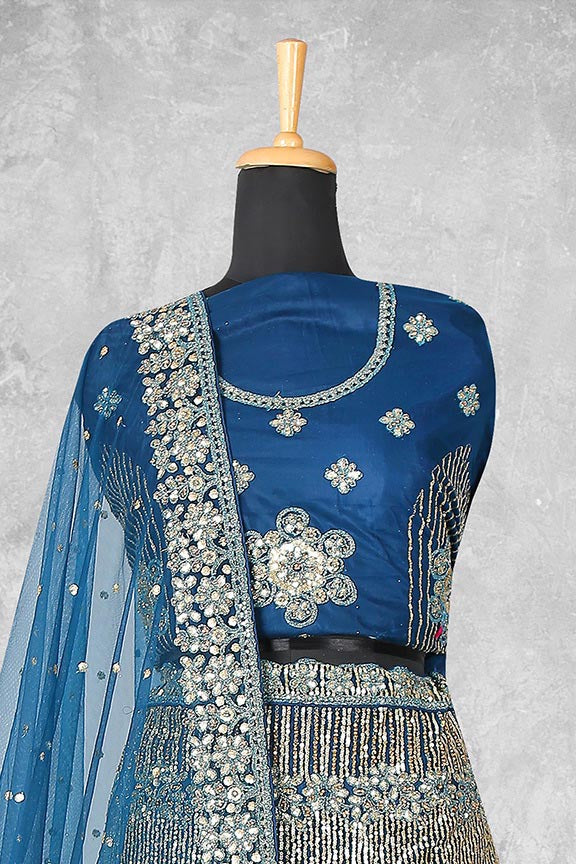 Teal Net Embroidered Semi Stitched Lehenga Choli with Dupatta