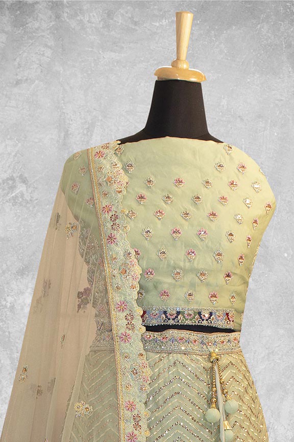 Light Green Organza Silk Embroidered Semi Stitched Lehenga Choli with Dupatta