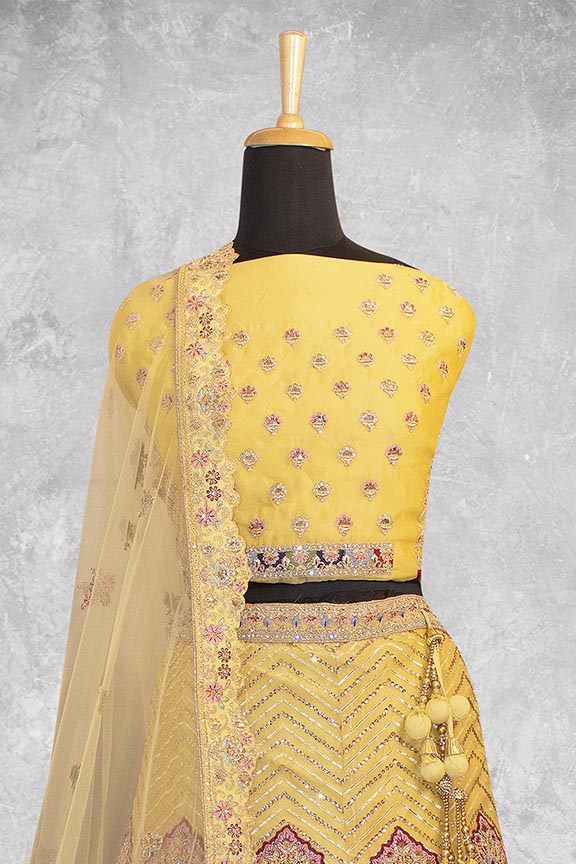 Yellow Organza Silk Embroidered Semi Stitched Lehenga Choli with Dupatta