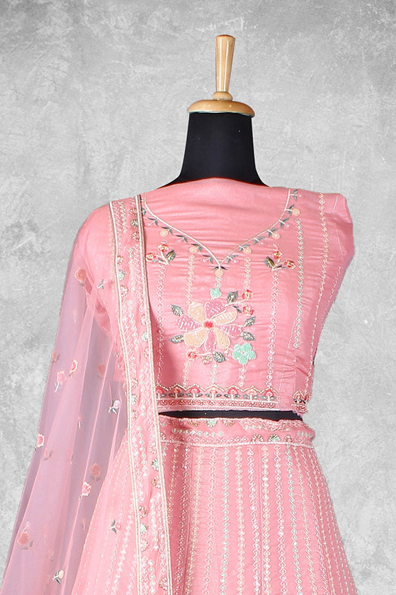 Peach Crepe Silk Embroidered Semi Stitched Lehenga Choli with Dupatta