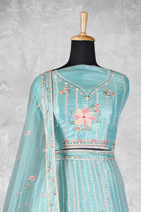 Blue Crepe Silk Embroidered Semi Stitched Lehenga Choli with Dupatta