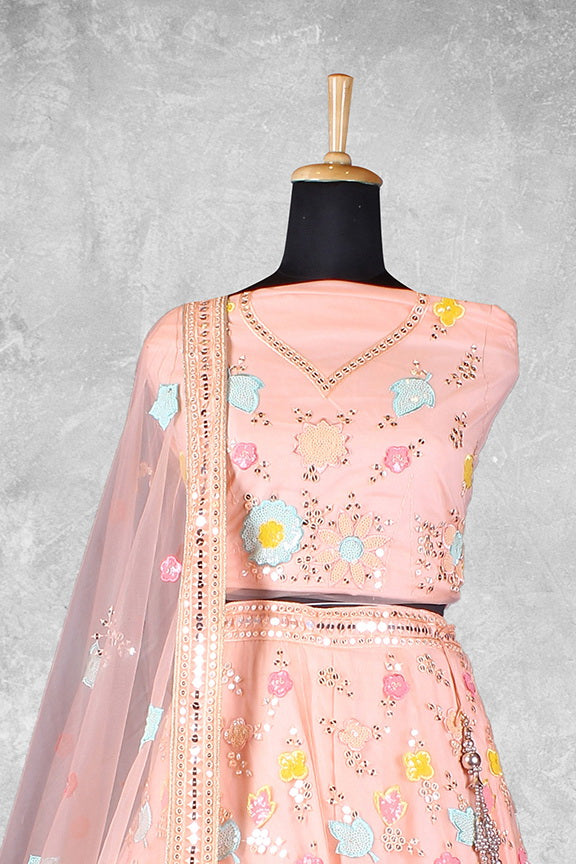 Peach Net Embroidered Semi Stitched Lehenga Choli with Dupatta