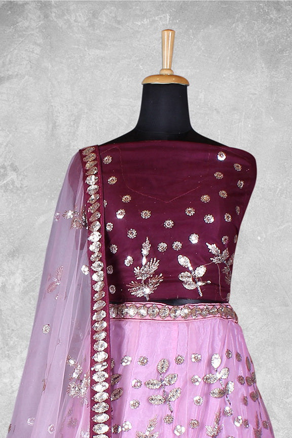 Maroon Net Embroidered Semi Stitched Lehenga Choli with Dupatta