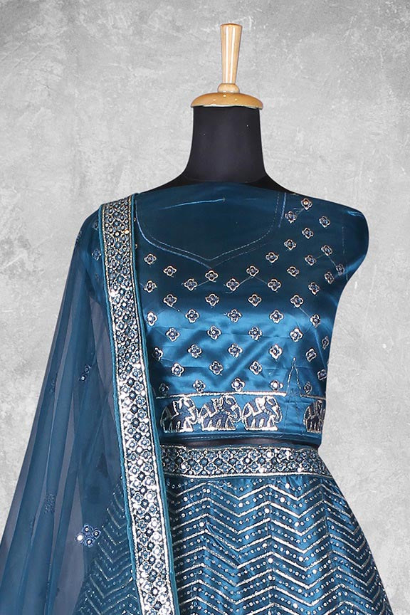 Teal Net Embroidered Semi Stitched Lehenga Choli with Dupatta