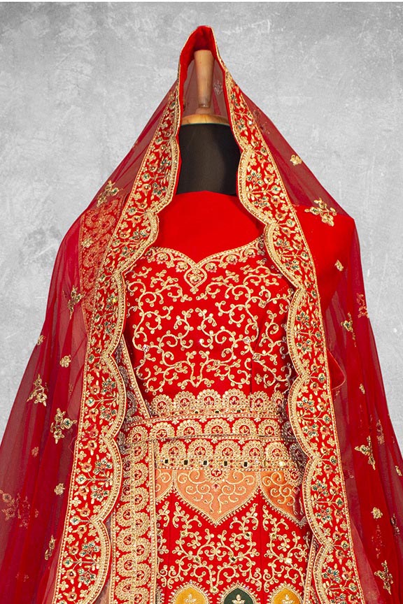 Red Velvet Embroidered Semi Stitched Lehenga Choli with Dupatta