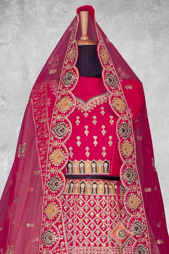 Pink Velvet Embroidered Semi Stitched Lehenga Choli with Dupatta